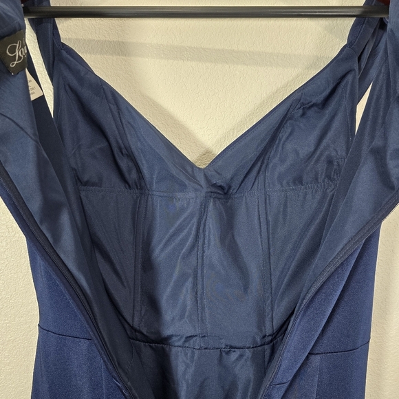 La Femme Size 4 Surplice Off the Shoulder Column Gown Navy Blue Prom Bridesmaid‎ - Picture 11 of 12